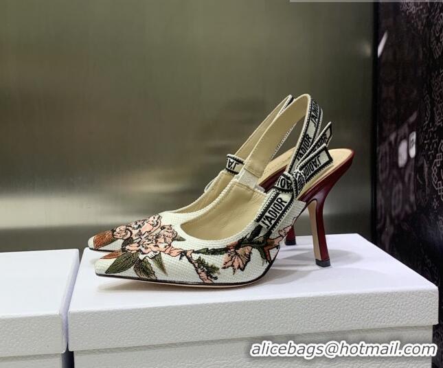 Perfect Dior J'Adior Slingback Pumps 9.5cm in White Multicolor Embroidered Cotton with Jardin Botanique Motif 030234