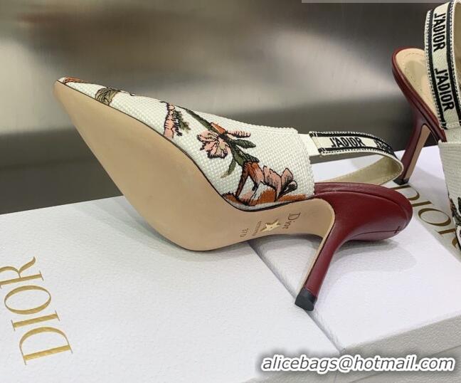 Perfect Dior J'Adior Slingback Pumps 9.5cm in White Multicolor Embroidered Cotton with Jardin Botanique Motif 030234