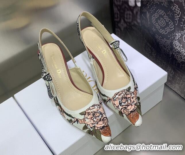 Hot Style Dior J'Adior Slingback Pumps 6.5cm in White Multicolor Embroidered Cotton with Jardin Botanique Motif 030235