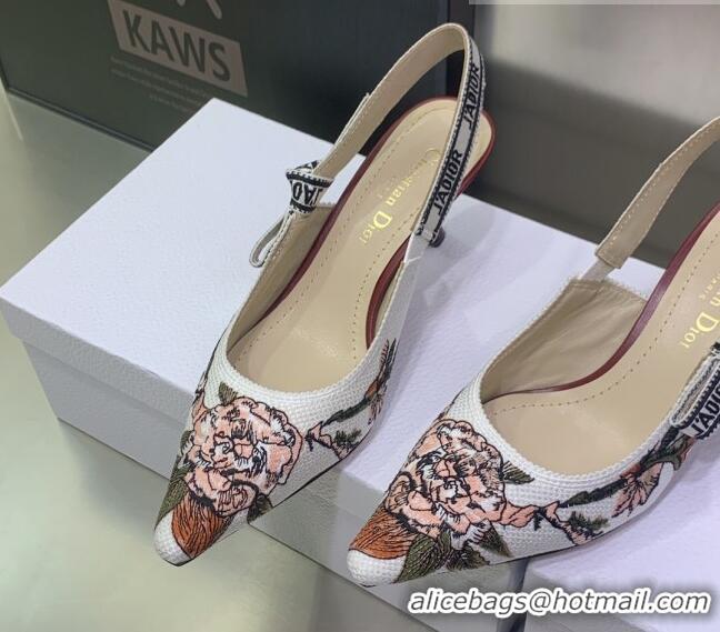 Hot Style Dior J'Adior Slingback Pumps 6.5cm in White Multicolor Embroidered Cotton with Jardin Botanique Motif 030235