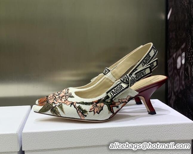 Hot Style Dior J'Adior Slingback Pumps 6.5cm in White Multicolor Embroidered Cotton with Jardin Botanique Motif 030235