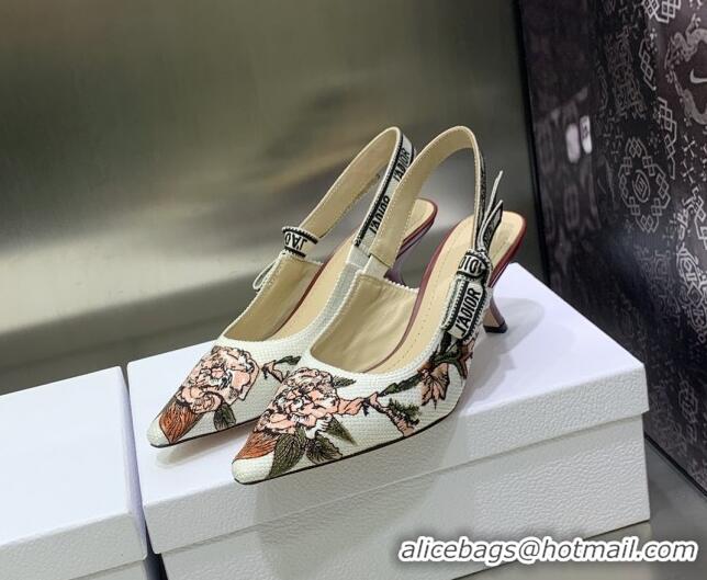 Hot Style Dior J'Adior Slingback Pumps 6.5cm in White Multicolor Embroidered Cotton with Jardin Botanique Motif 030235