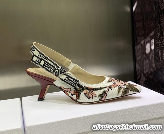 Hot Style Dior J'Adior Slingback Pumps 6.5cm in White Multicolor Embroidered Cotton with Jardin Botanique Motif 030235