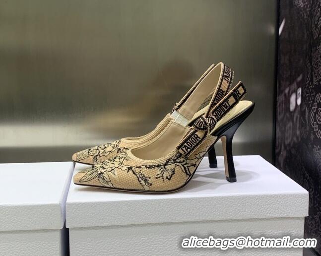 Good Product Dior J'Adior Slingback Pumps 9.5cm in Beige Multicolor Embroidered Cotton with Jardin Botanique Motif 30302