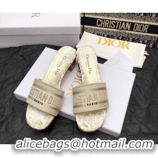 Luxury Dior Dway Heeled Slide Sandals 4cm in White and Gold Cotton Embroidered with Jardin d'Hiver Motif 321016