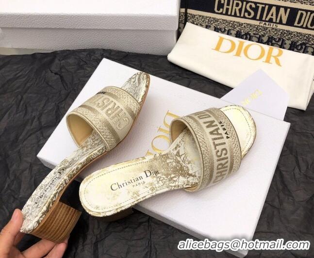 Luxury Dior Dway Heeled Slide Sandals 4cm in White and Gold Cotton Embroidered with Jardin d'Hiver Motif 321016