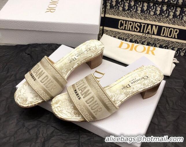 Luxury Dior Dway Heeled Slide Sandals 4cm in White and Gold Cotton Embroidered with Jardin d'Hiver Motif 321016