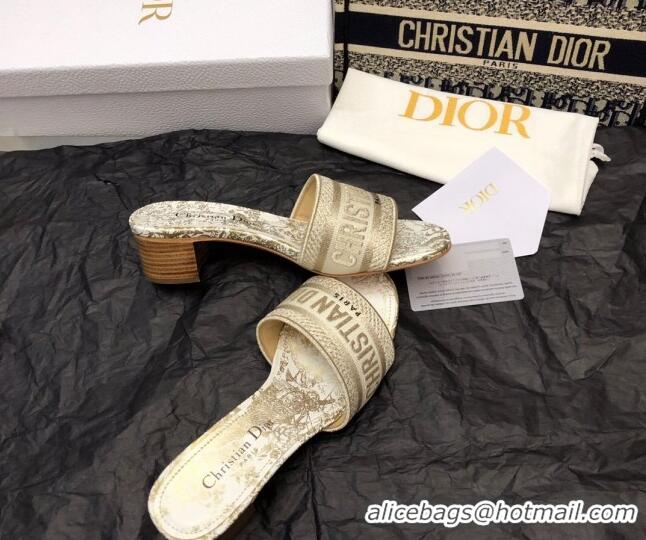 Luxury Dior Dway Heeled Slide Sandals 4cm in White and Gold Cotton Embroidered with Jardin d'Hiver Motif 321016