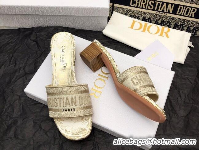 Luxury Dior Dway Heeled Slide Sandals 4cm in White and Gold Cotton Embroidered with Jardin d'Hiver Motif 321016