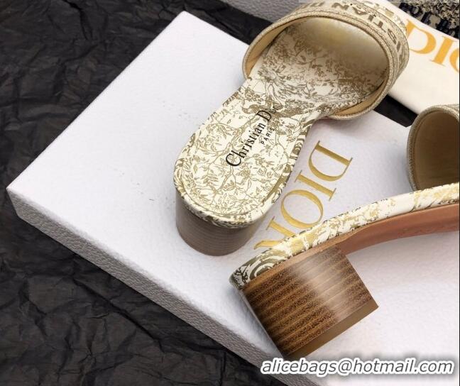 Luxury Dior Dway Heeled Slide Sandals 4cm in White and Gold Cotton Embroidered with Jardin d'Hiver Motif 321016