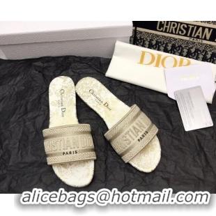 Good Quality Dior Dway Flat Slide Sandals in White and Gold Cotton Embroidered with Jardin d'Hiver Motif 321017