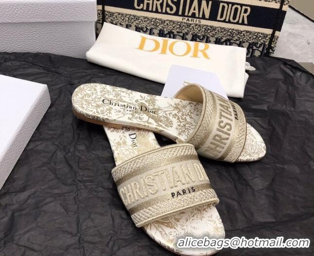 Good Quality Dior Dway Flat Slide Sandals in White and Gold Cotton Embroidered with Jardin d'Hiver Motif 321017