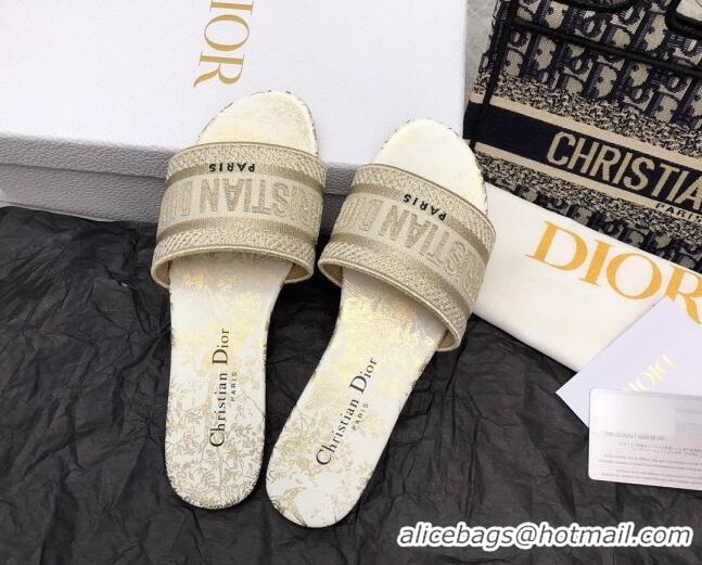 Good Quality Dior Dway Flat Slide Sandals in White and Gold Cotton Embroidered with Jardin d'Hiver Motif 321017