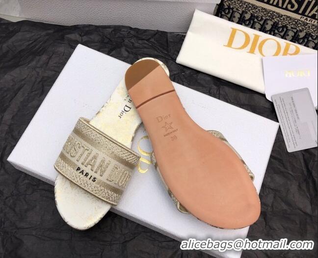 Good Quality Dior Dway Flat Slide Sandals in White and Gold Cotton Embroidered with Jardin d'Hiver Motif 321017