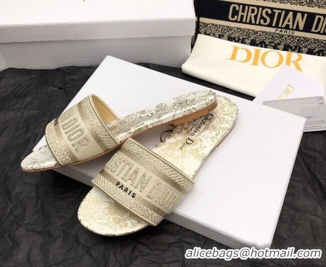 Good Quality Dior Dway Flat Slide Sandals in White and Gold Cotton Embroidered with Jardin d'Hiver Motif 321017