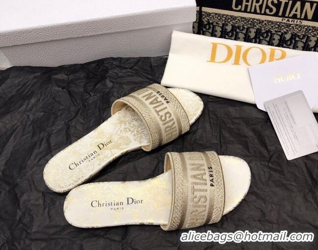 Good Quality Dior Dway Flat Slide Sandals in White and Gold Cotton Embroidered with Jardin d'Hiver Motif 321017