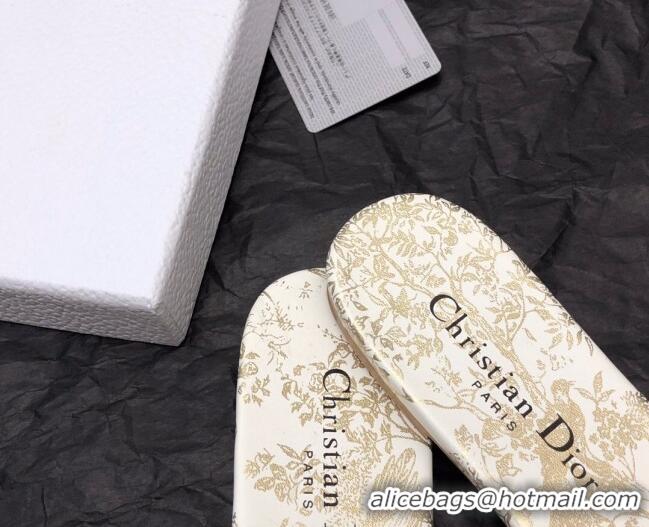 Good Quality Dior Dway Flat Slide Sandals in White and Gold Cotton Embroidered with Jardin d'Hiver Motif 321017