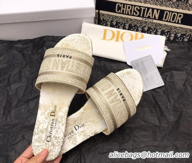 Good Quality Dior Dway Flat Slide Sandals in White and Gold Cotton Embroidered with Jardin d'Hiver Motif 321017