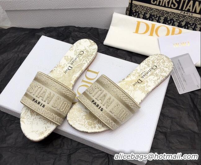 Good Quality Dior Dway Flat Slide Sandals in White and Gold Cotton Embroidered with Jardin d'Hiver Motif 321017