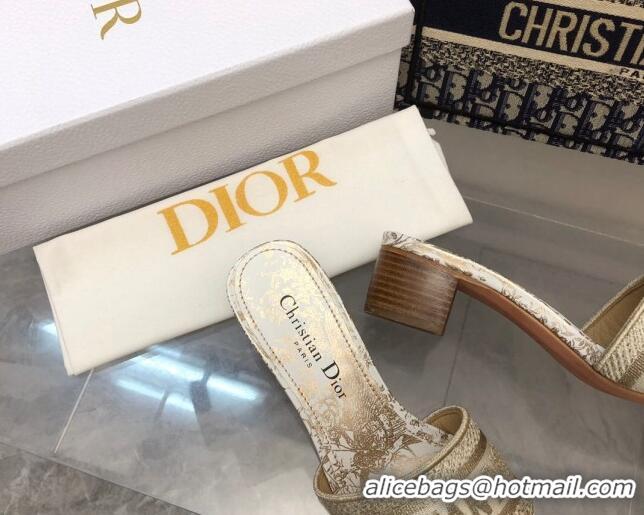 Unique Style Dior Dway Heeled Slide Sandals 4cm in Gold Cotton Embroidered 0321018