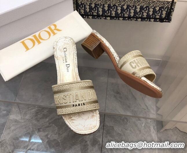 Unique Style Dior Dway Heeled Slide Sandals 4cm in Gold Cotton Embroidered 0321018