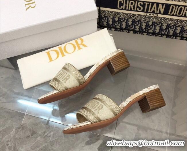 Unique Style Dior Dway Heeled Slide Sandals 4cm in Gold Cotton Embroidered 0321018