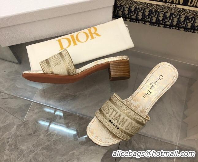 Unique Style Dior Dway Heeled Slide Sandals 4cm in Gold Cotton Embroidered 0321018