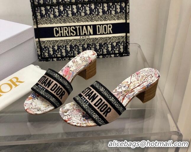 Low Price Dior Dway Heeled Slide Sandals 4cm in Nude Cotton Embroidered with Jardin d'Hiver Motif 321019