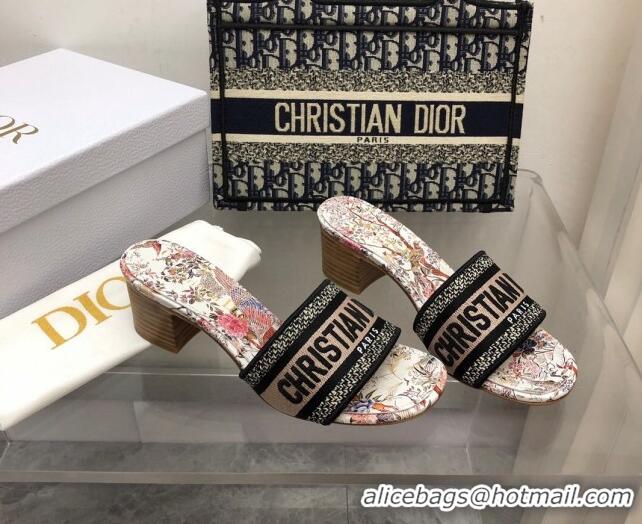 Low Price Dior Dway Heeled Slide Sandals 4cm in Nude Cotton Embroidered with Jardin d'Hiver Motif 321019