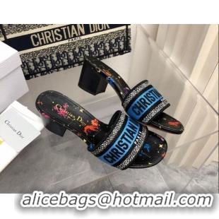 Best Price Dior Dway Heeled Slide Sandals 4cm in Blue and Black Cotton Embroidered with Pixel Zodiac Motif 0321020