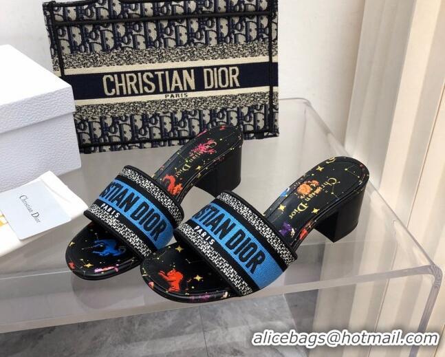 Best Price Dior Dway Heeled Slide Sandals 4cm in Blue and Black Cotton Embroidered with Pixel Zodiac Motif 0321020