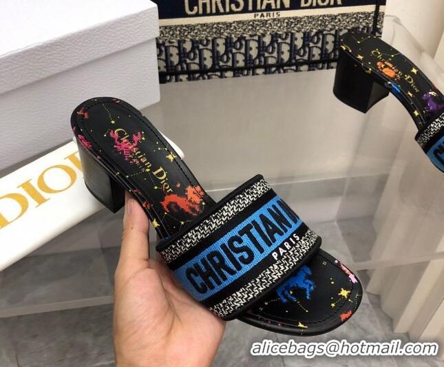 Best Price Dior Dway Heeled Slide Sandals 4cm in Blue and Black Cotton Embroidered with Pixel Zodiac Motif 0321020