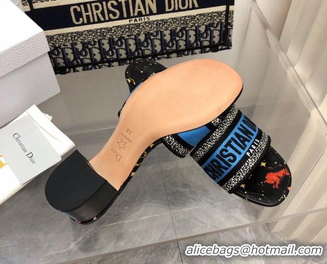 Best Price Dior Dway Heeled Slide Sandals 4cm in Blue and Black Cotton Embroidered with Pixel Zodiac Motif 0321020