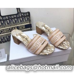 Good Quality Dior Dway Heeled Slide Sandals 4cm in Pink Cotton Embroidered 0321021