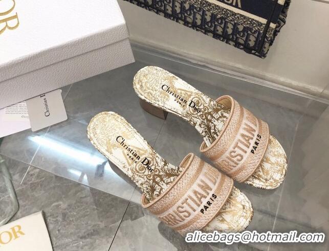 Good Quality Dior Dway Heeled Slide Sandals 4cm in Pink Cotton Embroidered 0321021