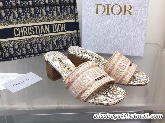 Good Quality Dior Dway Heeled Slide Sandals 4cm in Pink Cotton Embroidered 0321021