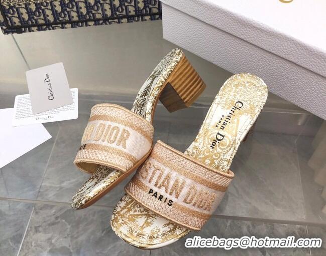 Good Quality Dior Dway Heeled Slide Sandals 4cm in Pink Cotton Embroidered 0321021