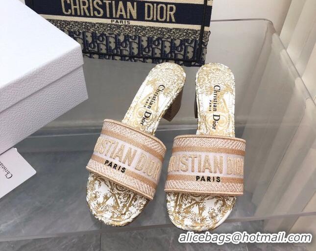 Good Quality Dior Dway Heeled Slide Sandals 4cm in Pink Cotton Embroidered 0321021