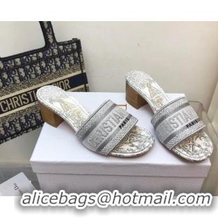 Grade Quality Dior Dway Heeled Slide Sandals 4cm in Grey Cotton Embroidered 321022