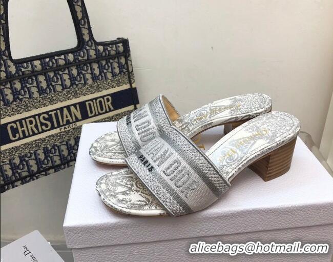 Grade Quality Dior Dway Heeled Slide Sandals 4cm in Grey Cotton Embroidered 321022