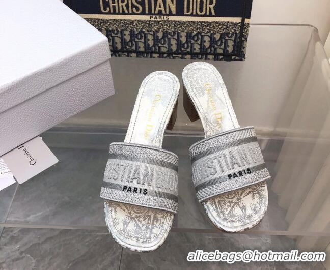 Grade Quality Dior Dway Heeled Slide Sandals 4cm in Grey Cotton Embroidered 321022