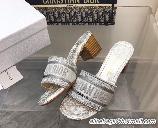 Grade Quality Dior Dway Heeled Slide Sandals 4cm in Grey Cotton Embroidered 321022