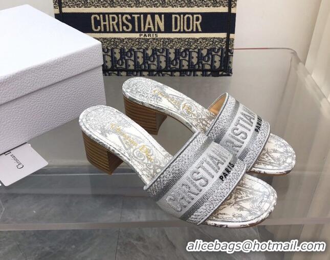 Grade Quality Dior Dway Heeled Slide Sandals 4cm in Grey Cotton Embroidered 321022