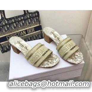 Classic Hot Dior Dway Heeled Slide Sandals 4cm in Gold Cotton Embroidered 0321023