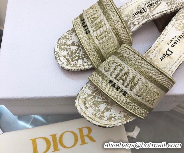 Classic Hot Dior Dway Heeled Slide Sandals 4cm in Gold Cotton Embroidered 0321023