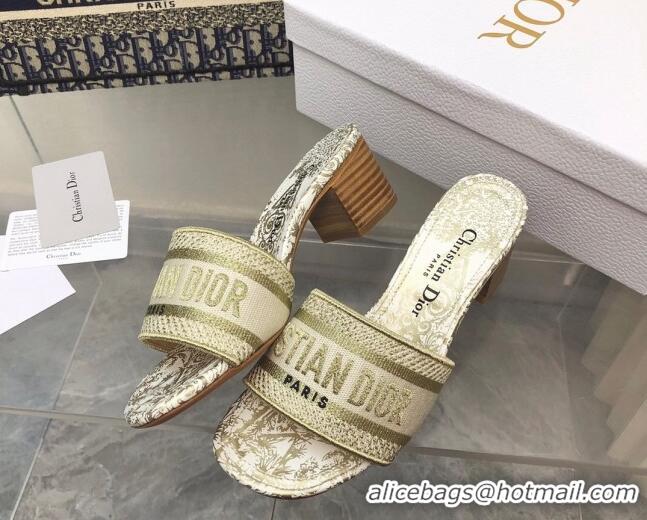 Classic Hot Dior Dway Heeled Slide Sandals 4cm in Gold Cotton Embroidered 0321023