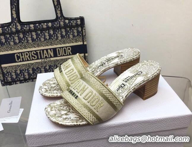 Classic Hot Dior Dway Heeled Slide Sandals 4cm in Gold Cotton Embroidered 0321023