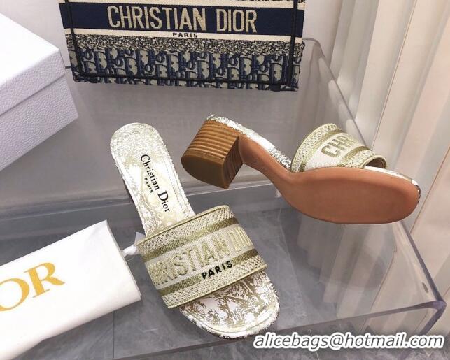 Classic Hot Dior Dway Heeled Slide Sandals 4cm in Gold Cotton Embroidered 0321023