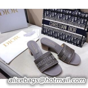 Best Grade Dior Dway Heeled Slide Sandals 4cm in Grey Cotton Embroidered 0321024