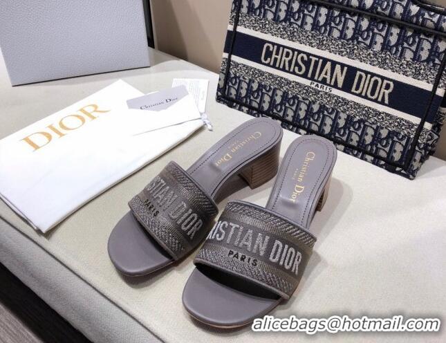 Best Grade Dior Dway Heeled Slide Sandals 4cm in Grey Cotton Embroidered 0321024